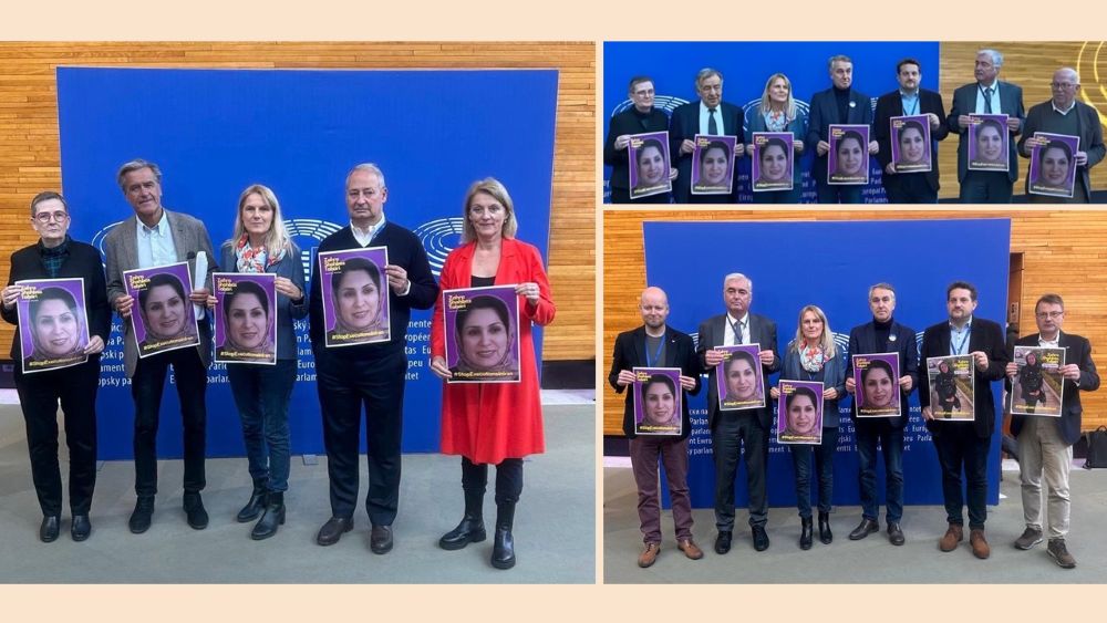 MEPs in the European Parliament hold up Zahra Tabari’s photo, condemning her death sentence and demanding #StopExecutionsInIran.
