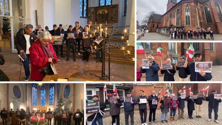 Hamburg rally backs “No to Execution Tuesdays” outside Hauptkirche St. Jacobi, calling for justice in Iran.