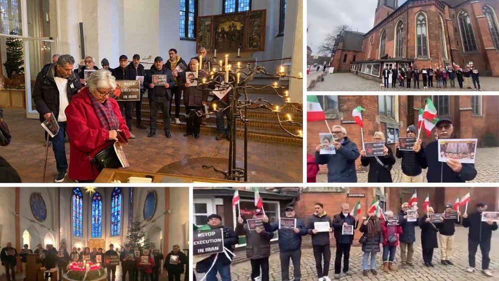 Hamburg rally backs “No to Execution Tuesdays” outside Hauptkirche St. Jacobi, calling for justice in Iran.