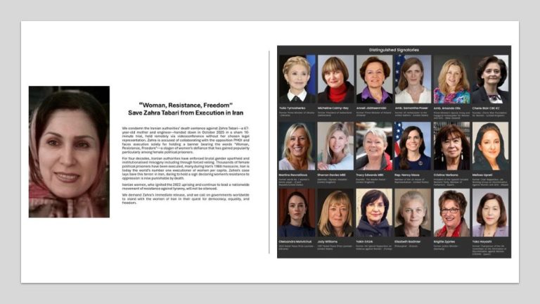 Zahra Tabari, at risk of execution in Iran, alongside more than 400 prominent women calling for her immediate release under “Woman, Resistance, Freedom.”