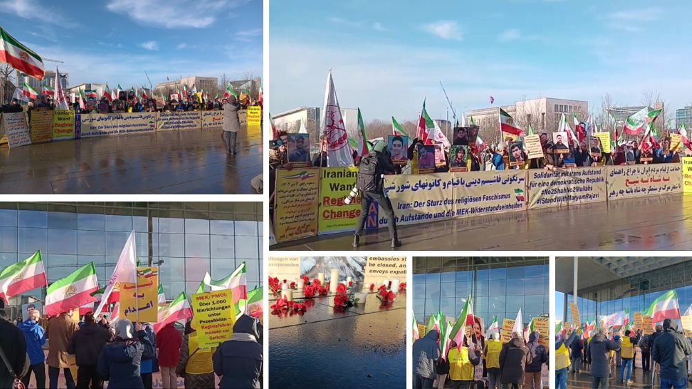 MEK supporters rally outside Berlin’s Bundestag, calling for EU action against Iran’s regime and solidarity with nationwide protests.