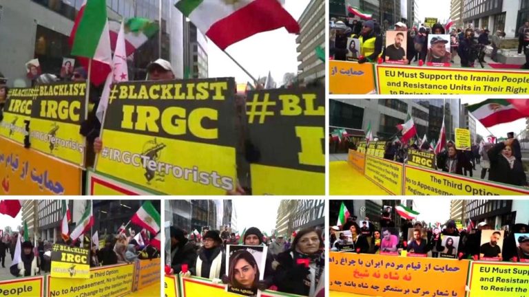 Supporters of the Iranian Resistance celebrate in Brussels after the EU designates the IRGC as a terrorist organization.