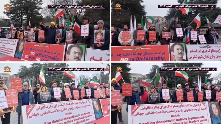 MEK supporters rally in Geneva, calling for legal action against Iran’s regime for killing protesters.