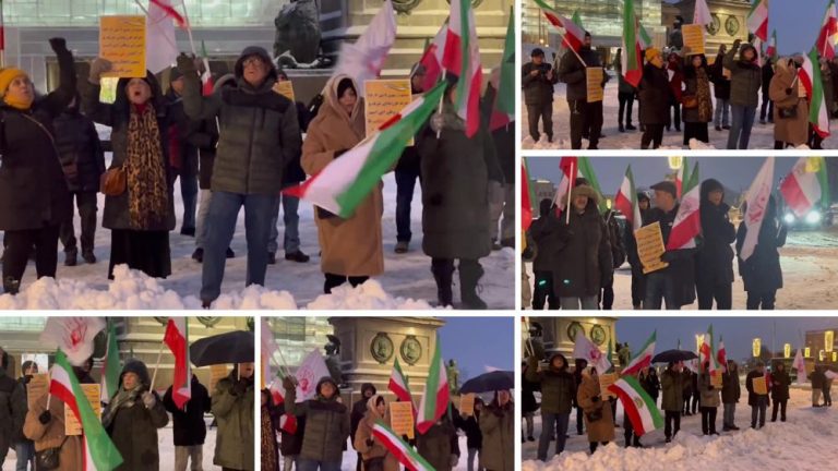 Iranian PMOI supporters rally in snowy Stockholm outside Swedish Foreign Ministry, backing Iran's uprising against the regime.