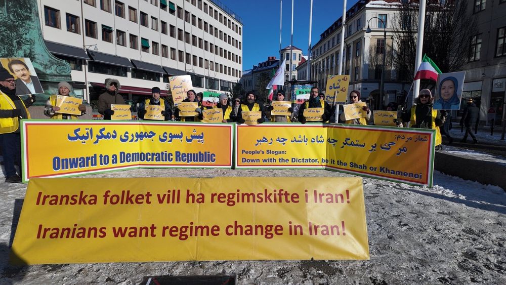 Supporters of the People’s Mojahedin Organization of Iran rally in Gothenburg, Sweden, backing Iran’s uprising and a democratic republic.