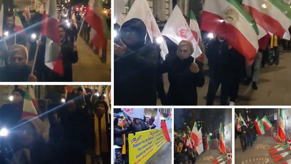 Supporters of the Iranian Resistance rally in London, marking 40 days since the January 2026 uprising martyrs.