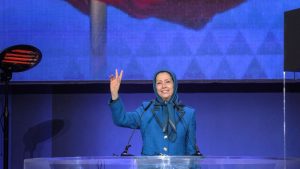 Maryam Rajavi speaking at the Grand Gathering of Iranians in Berlin, February 7, marking the anniversary of the anti-monarchical revolution and honoring Iran’s uprising.