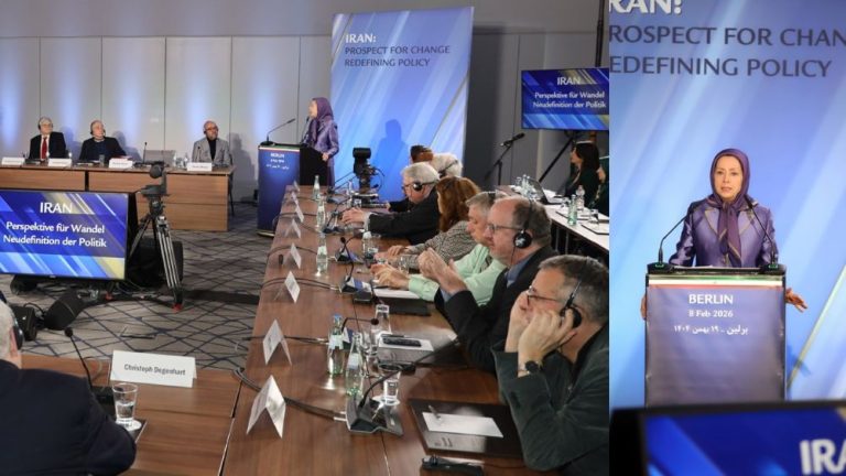 Mrs. Maryam Rajavi delivers a keynote speech at the Iran Conference in Berlin on February 8, 2026, highlighting the January uprising and democratic alternatives.