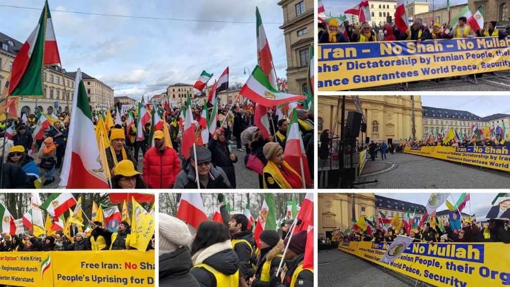 Iranian Resistance supporters rally in Munich during the security conference, calling for a democratic republic and chanting “No to Shah, No to Mullahs.”