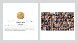 114 Nobel laureates sign a statement condemning human-rights violations, killings, and executions in Iran, urging global support for freedom and change.