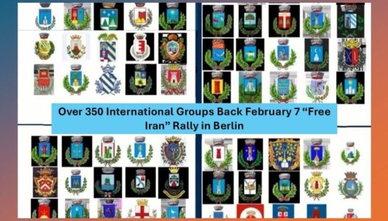 Free Iran rally in Berlin, February 7, backed by over 350 international organizations.