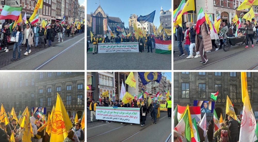Supporters of the Iranian Resistance gather in Amsterdam’s Dam Square, calling for a democratic republic in Iran.