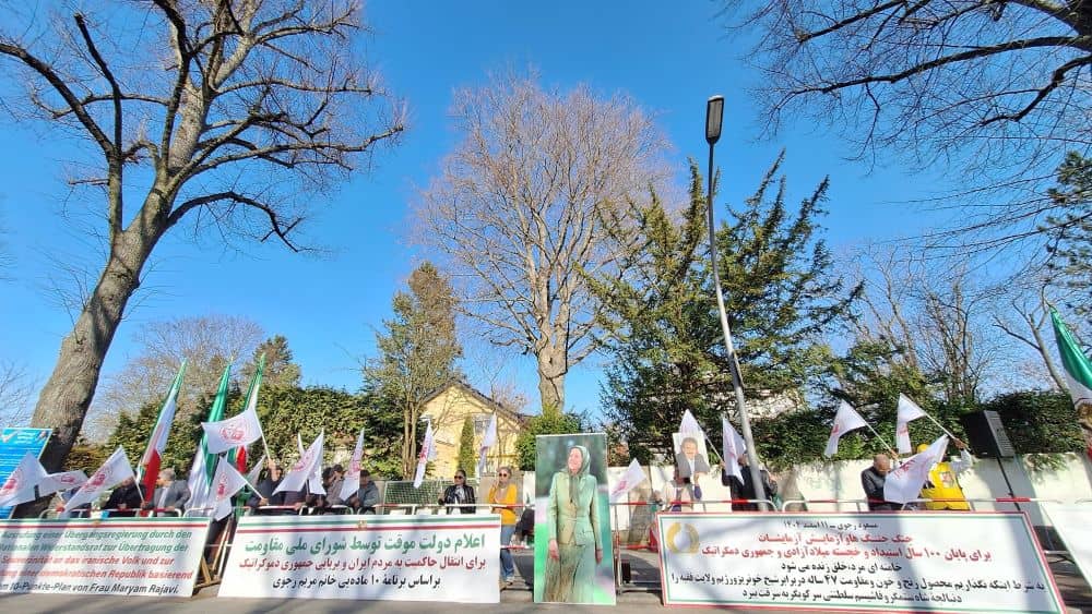 Supporters of the Iranian Resistance rally outside the Iranian regime’s embassy in Berlin, expressing support for the NCRI Provisional Government.