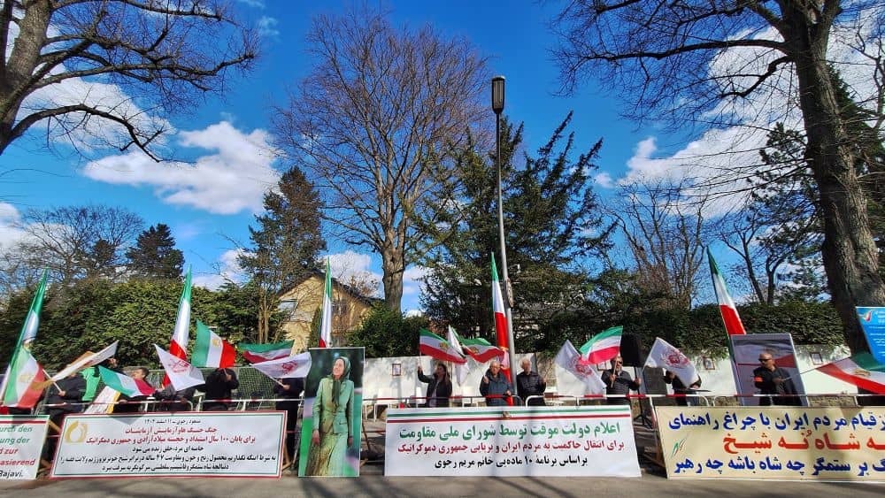 Supporters of the Iranian Resistance rally outside the Iranian regime’s embassy in Berlin, backing the NCRI’s Provisional Government plan.