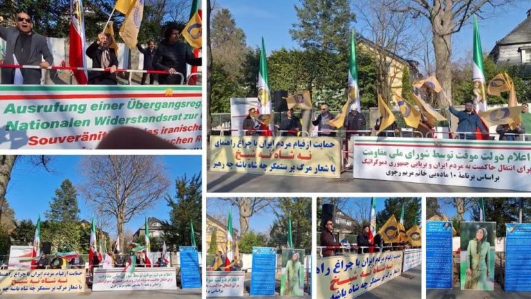 Supporters of the Iranian Resistance gather outside the Iranian embassy in Berlin to demand democratic change in Iran.