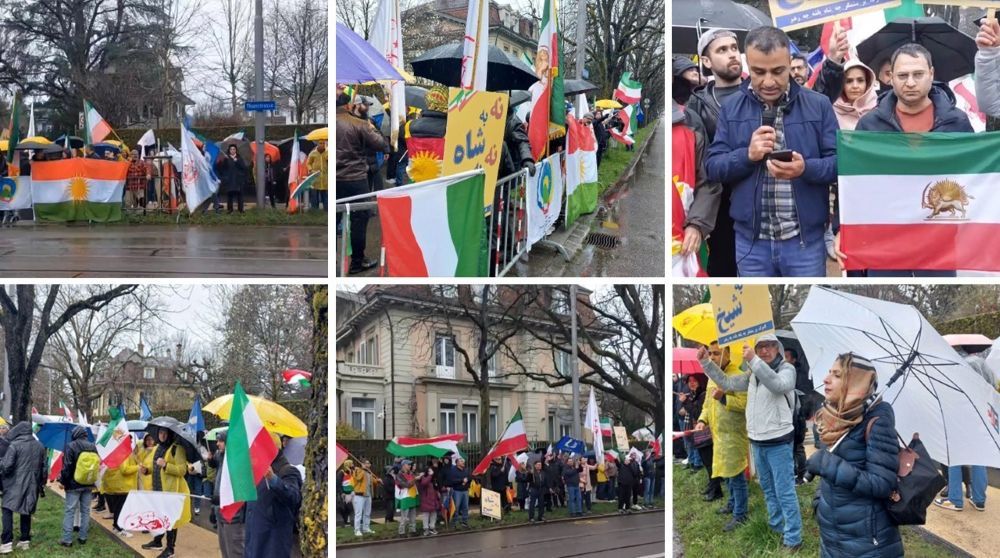 Iranian Resistance supporters rally outside the Iranian regime's embassy in Bern calling for a democratic republic in Iran.