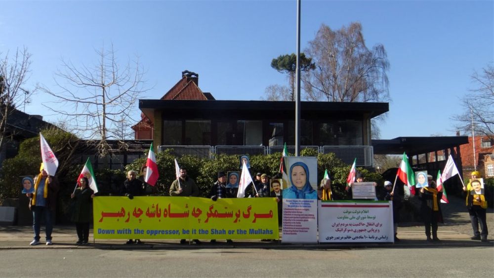 Copenhagen rally on March 3, 2026—MEK supporters gathered at Iran’s regime embassy, backing the NCRI Provisional Government after Khamenei’s death.