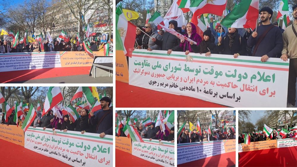 Supporters of the Iranian Resistance rally at Place de la Bastille in Paris on March 14, 2026, backing the NCRI’s provisional government and calling for a democratic republic in Iran.