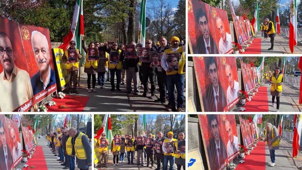 Supporters of the Iranian Resistance lay flowers for executed PMOI political prisoners during a rally in Berlin.