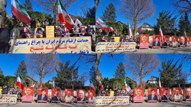Iranian Resistance supporters rally in Berlin, holding photos of executed political prisoners and calling for justice and regime change.