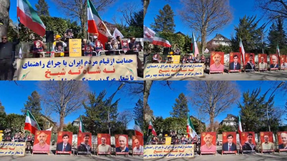 Iranian Resistance supporters rally in Berlin, holding photos of executed political prisoners and calling for justice and regime change.