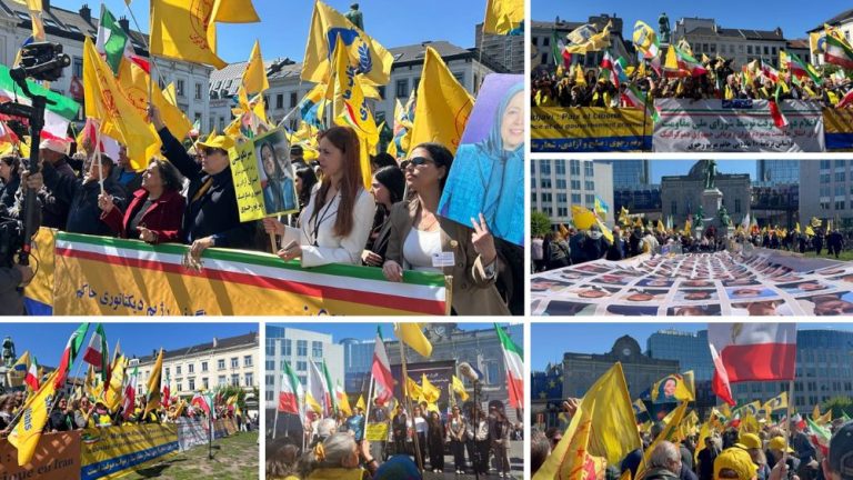 Supporters of the Iranian Resistance rally outside the European Parliament in Brussels, condemning executions in Iran and calling for EU support for a democratic republic.