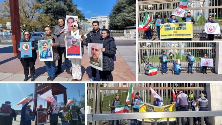 Supporters of the Iranian Resistance rally outside the UN in Geneva, demanding action over executed PMOI prisoners.