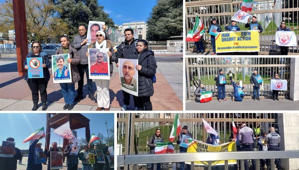 Supporters of the Iranian Resistance rally outside the UN in Geneva, demanding action over executed PMOI prisoners.
