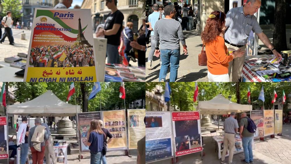 Book stall and photo exhibition in Paris commemorating executed political prisoners and promoting a democratic future for Iran.