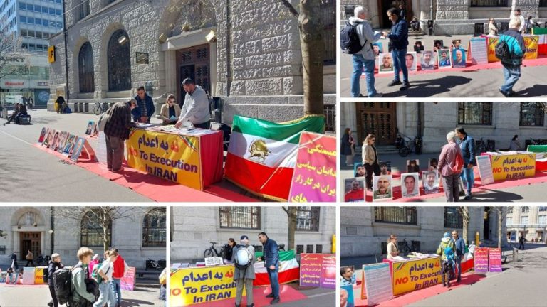 Iranian Resistance supporters in St. Gallen protest executions of six PMOI members, urging action on Iran’s human rights abuses.