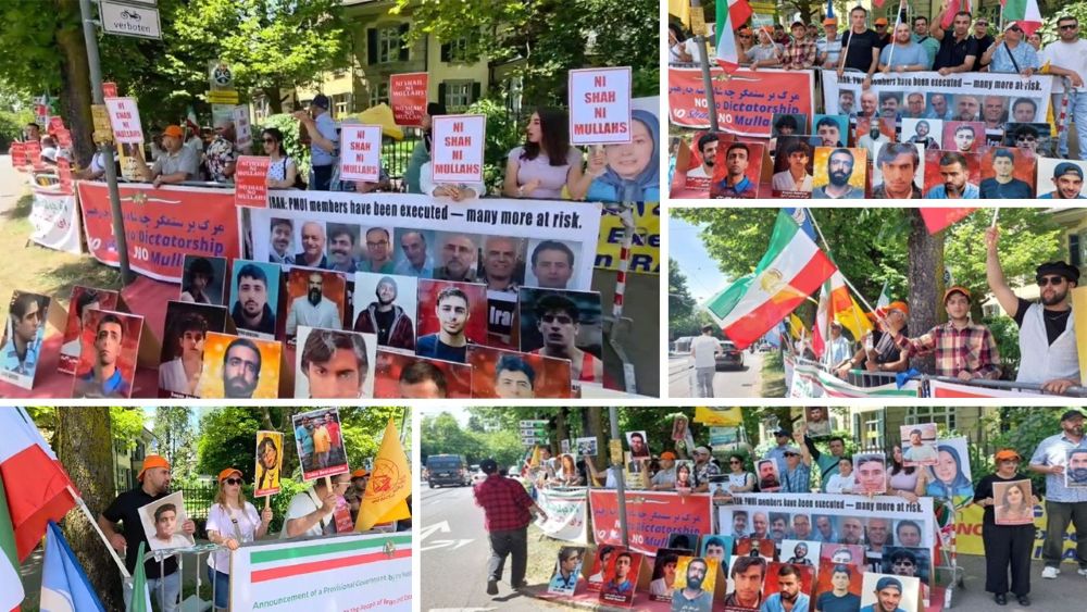 Supporters of the Iranian Resistance rally outside the Iranian regime’s embassy in Bern to condemn executions and advocate for a democratic republic in Iran.
