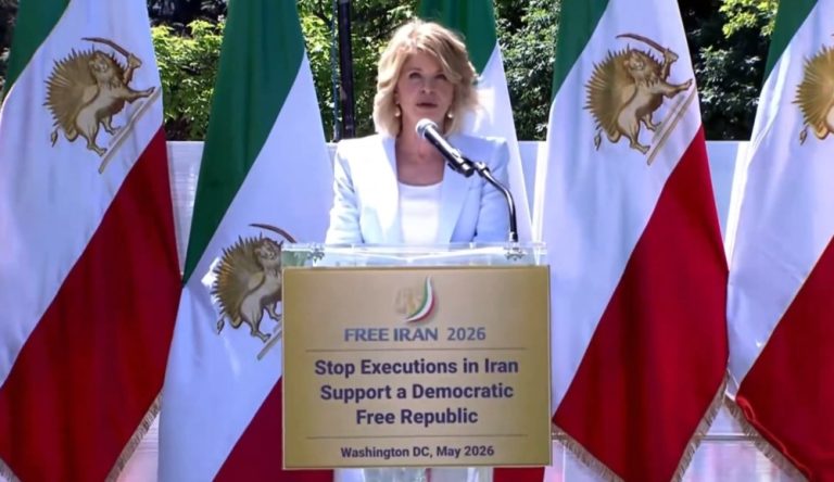 Former U.S. Ambassador to Denmark Carla Sands speaks at a major Free Iran rally attended by Iranian Americans and NCRI supporters in Washington, D.C., on May 16, 2026.