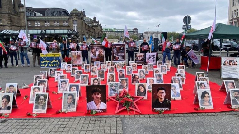 May 5, 2026 — MEK supporters rally in Hamburg against executions of political prisoners and January 2026 uprising protesters.
