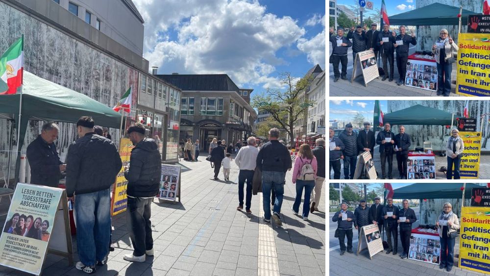 Kiel, Germany — May 9, 2026: MEK supporters held a book stall to protest executions in Iran and call for a democratic republic.