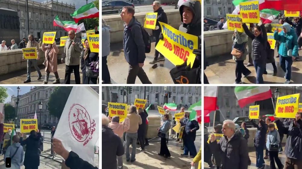 PMOI supporters protest outside the UK Prime Minister’s Office in London on May 13, 2026.