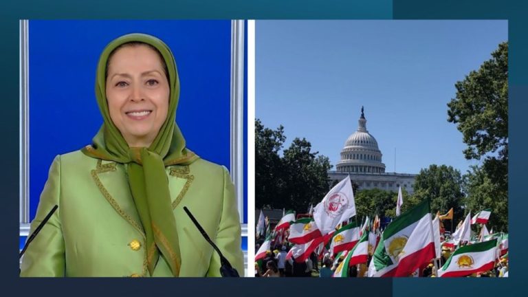 Mrs. Rajavi tells Washington rally that lasting peace and freedom in Iran can only be achieved through the overthrow of the clerical dictatorship and the establishment of a democratic republic.