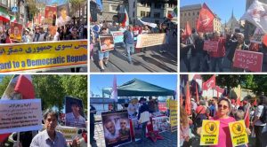 Iranian Resistance supporters rally across European cities on International Workers’ Day, chanting “Workers reject Shah and mullahs” and calling for freedom, justice, and an end to executions in Iran.