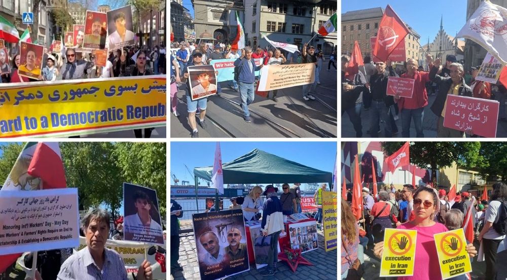 Iranian Resistance supporters rally across European cities on International Workers’ Day, chanting “Workers reject Shah and mullahs” and calling for freedom, justice, and an end to executions in Iran.