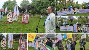 Iranian Resistance supporters honor PMOI founders and uprising martyrs outside the Iranian regime’s embassy.