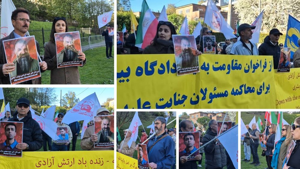 May 5, 2026 – Supporters of the Iranian Resistance protest executions of January 2026 uprising protesters outside the regime’s embassy.