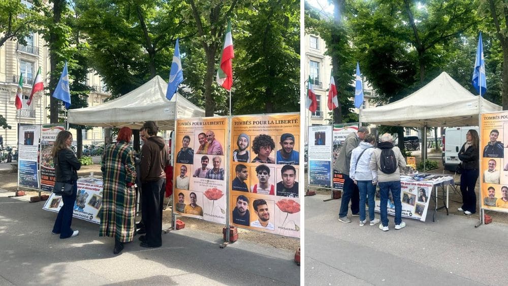 Supporters of the MEK held an exhibition in Paris, where they denounced executions in Iran and called for a democratic republic ahead of the June 20 rally.