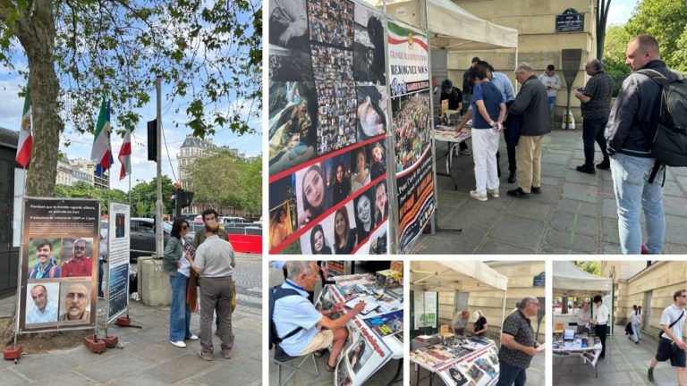 Paris exhibition honoring executed political prisoners and January 2026 uprising martyrs, calling for freedom and a democratic Iran.