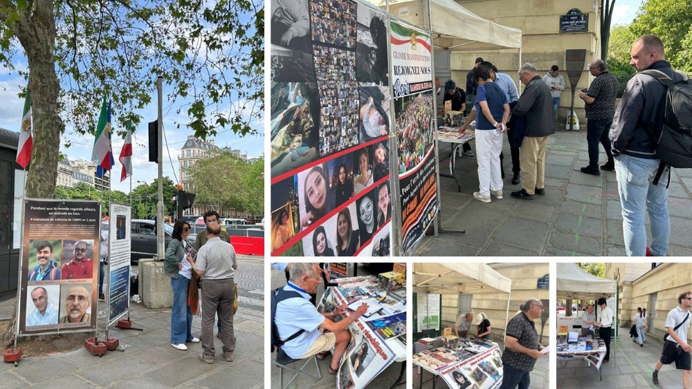 Paris exhibition honoring executed political prisoners and January 2026 uprising martyrs, calling for freedom and a democratic Iran.