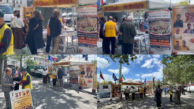 MEK supporters held an exhibition in Paris condemning executions in Iran and calling for a democratic republic ahead of the June 20 rally.