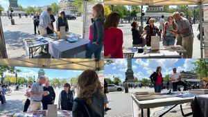 At a bookstall and photo exhibition in Paris, supporters of the PMOI/MEK denounce executions in Iran and call for a democratic republic ahead of the June 20 rally.