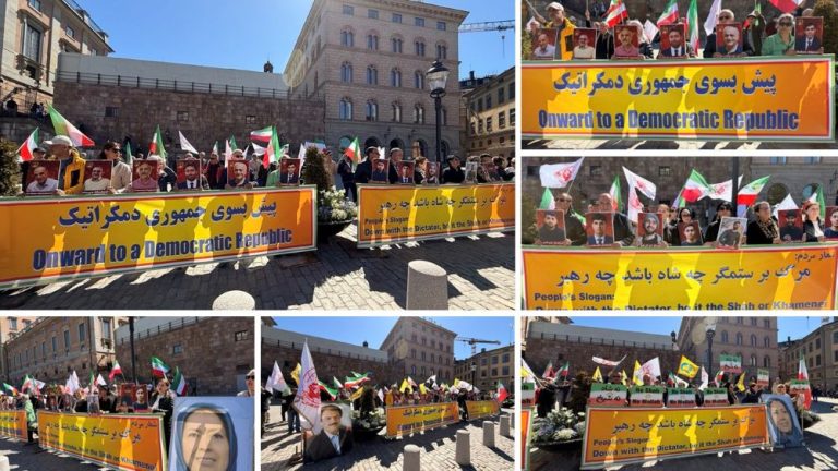 Image caption: MEK supporters rally outside Sweden’s Parliament, condemning executions in Iran.