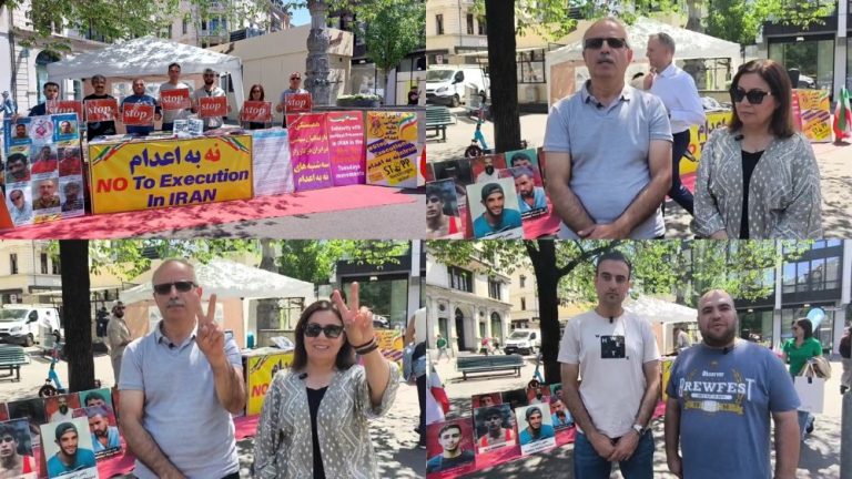 Zurich exhibition condemning executions in Iran and calling for June 20 rally participation.