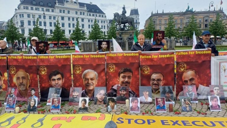 MEK supporters in Copenhagen protest executions and promote the June 20 Free Iran rally in Paris.