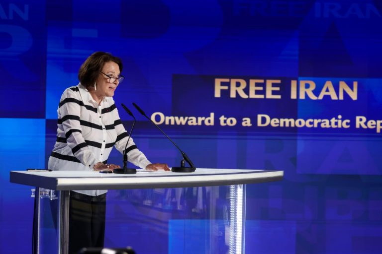 Dominique Attias addresses the Free Iran 2026 World Summit in Paris, condemning the ban on a pro-resistance rally and calling it a concession to Tehran.