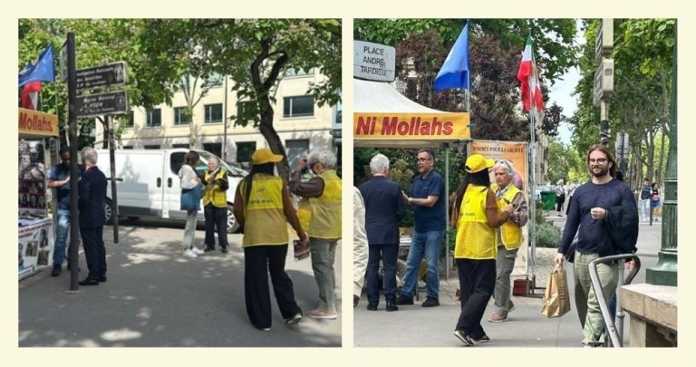 MEK supporters in Paris call for joining the June 20 Free Iran Rally.